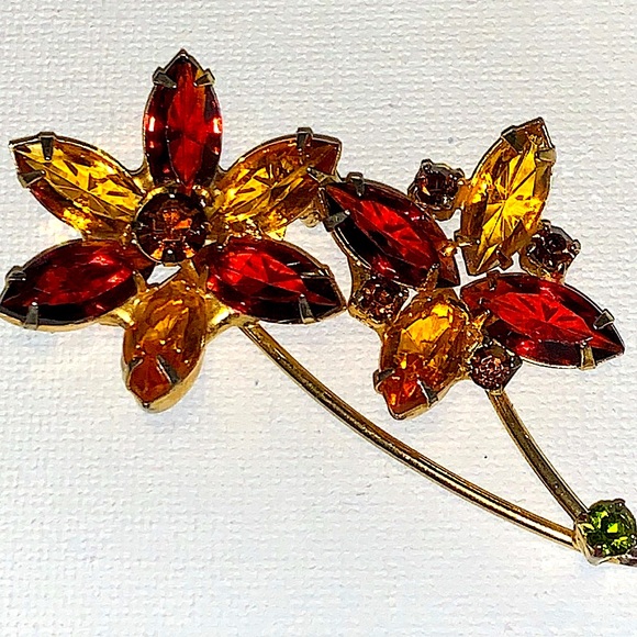 Vintage JULIANNA Topaz Rhinestone Flower Stem Brooch - Picture 7 of 12